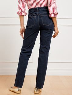 Our flattering '90s-inspired straight leg silhouette. Higher waist for a modern fit. Crafted with Five-Pocket styling and a hint of stretch. Features Straight Leg Hits High Waist Full Length Fly front with button closure Five pocket Imported Fit: Misses: 30 1/2"; Petites: 28 1/2"; Plus: 30 1/2"; Plus Petite: 28 1/2" Material: 99% Cotton 1% Lycra® Spandex Care: Wash Before Wearing, Turn Garment Inside Out, Machine Wash Cold With Like Colors, Only Non-Chlorine Bleach When Needed; Tumble Dry Low, Warm Iron If Needed | High Waist Relaxed Jeans - Michele Wash Talbots Relaxed Jeans, 90s Inspired, Modern Fit, Modern Classic, Full Length, Inside Out, High Waist, Straight Leg, High Waisted