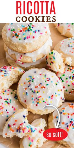 a plate full of iced and sprinkled ricotta cookies with text overlay