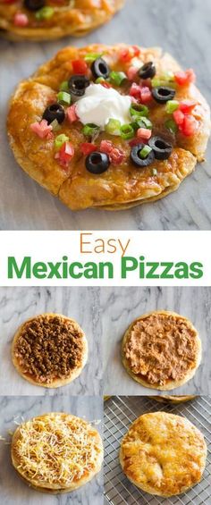 easy mexican pizzas with cheese, black olives, and sour cream on top