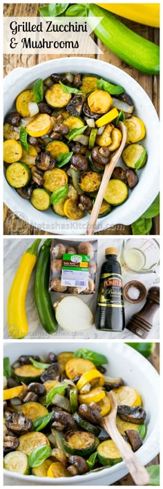 grilled zucchini and mushrooms in a white bowl