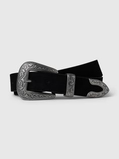 This belt is made with a suede leather upper.  Western-style buckle.  For more fit and sizing info, check out our Size Guide.  Width: 1. 18 Length Size S): 39" Black Belt With Silver Buckle, Western Belts For Women Outfits, Black Western Belt, Professional Dress, Street Fashion Men Streetwear, Men Streetwear, Western Belt, Western Belts, Professional Dresses