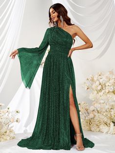 Color: Dark GreenStyle: PartyPattern Type: PlainDetails: Zipper, Split ThighType: A LineNeckline: Asymmetrical NeckSleeve Length: Long SleeveSleeve Type: Flounce SleeveWaist Line: High WaistHem Shaped: SlitLength: MaxiFit Type: Slim FitFabric: Slight StretchMaterial: FabricComposition: 95% Polyester, 5% ElastaneCare Instructions: Hand wash,do not dry cleanSheer: No Christmas Green Dress, Green Dress Formal, Dresses Sparkle, Shine Dress, Sparkle Christmas, Perfect Date Night, Date Night Dress, Christmas Green, Evening Dresses Cocktail