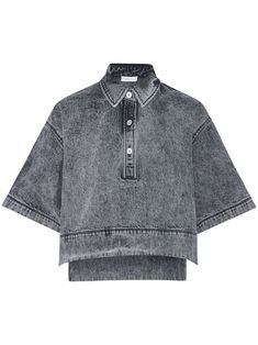 charcoal grey cotton denim acid wash polo collar front button placket drop shoulder short sleeves high-low hem Fantasy Streetwear, Faded Fabric, Denim Polo, Boxy Crop Top, Oversized Polo, Cropped Polo, Rosetta Getty, Polished Style, Designer Streetwear