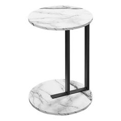 a white marble side table with black metal legs and a round base on an isolated white background