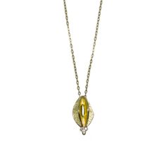 Textured and folded, this small seed pod shape tipped by 3 diamonds set in gold is sparkly unique necklace. This necklace is solid 14kt yellow gold. Yellow Gold Teardrop Pendant Necklace With Single Cut Diamonds, Gold Teardrop Pendant With Single Diamond, Gold Teardrop Pendant Jewelry With Single Diamond, Gold Sterling Silver Necklace With Rose Cut Diamonds, Gold Marquise Diamond Necklace For Formal Events, Teardrop Yellow Gold Necklace With Single Cut Diamonds, Yellow Gold Teardrop Necklace With Single Cut Diamonds, Yellow Gold Oval Pendant Necklace With Single Diamond, Yellow Gold Marquise Necklace With Single Diamond