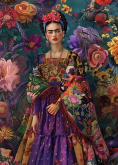 a painting of a woman in a purple dress with flowers on the wall behind her