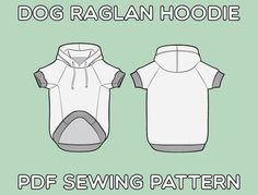 the dog raglan hoodie sewing pattern is shown in three different sizes and colors