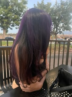 Hair Colour Ideas Long Hair, Dark Purple Layered Hair, Black Dark Purple Hair, Purple Highlights For Dark Brown Hair, Purple Hair With Purple Highlights, Curly Hair Dye Purple, Purple Underside Hair, Dark Purple Streaks In Black Hair, Burgandy Highlight Hair