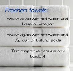 four white towels stacked on top of each other with instructions for how to wash them