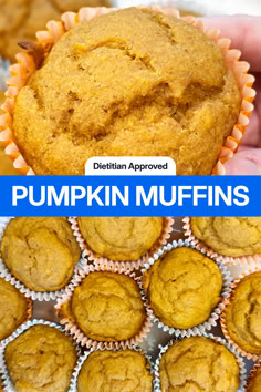 pumpkin muffins with text overlay that reads, diettarian approved pumpkin muffins