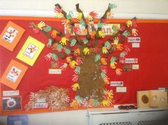 a bulletin board with handprints on it and a tree made out of children's hands