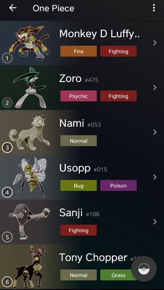 an app showing the different types of pokemons and their names on its screen,