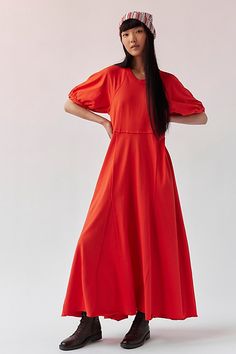 Sweet and effortless maxi dress from our free-est collection. **Fit:** Relaxed, A-line silhouette **Features:** Puffed sleeves, crew neckline, godet inserts at hem, raised seam detailing **Why We | Brentwood Maxi by free-est at Free People in Spicy Orange, Size: Large Called To Serve, Dresses Sundresses, Orange Fits, Fam Pics, Comfy Chic, Style Maxi Dress, Puffed Sleeves, Cool Clothes, Boho Clothing