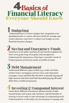 the four basic steps to financial literacy for kids and adults, including an info sheet