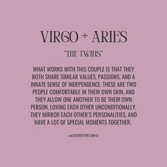 the words virgo and aries are written in black on a pink background with white lettering