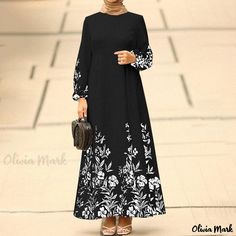 Olivia Mark - Abaya Positional Print Long Sleeve Dress with Belt Muslim Dress, Abaya Dress, Floral Print Midi Dress, Long Sleeve Print Dress, Crewneck Dress, Sleeve Maxi Dress, Long Sleeve Turtleneck, Midi Dress With Sleeves, Long Sleeve Maxi