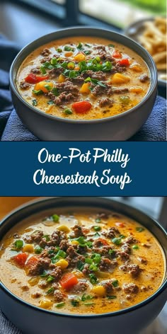 This One-Pot Philly Cheesesteak Soup combines all the savory, cheesy flavors of a classic Philly cheesesteak sandwich in a creamy, hearty soup. Packed with tender beef, sautéed peppers, onions, and melted provolone, it’s a comforting dish perfect for any time of year. Philly Cheesesteak Soup Recipe, Philly Cheesesteak Soup, Steak Soup Recipes, Cheesesteak Soup, Steak Soup, Cheesesteak Sandwich, Cheese Soup Recipes, Beef Soup Recipes, Fall Soup Recipes