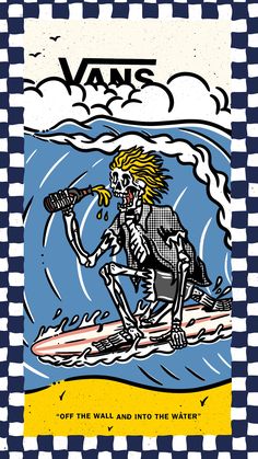 a drawing of a skeleton riding a surfboard in the ocean on a checkered background