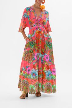 Waisted Dress, Pink Backdrop, Silk Maxi, Silk Maxi Dress, Adjustable Waistband, Gathered Skirt, Floral Dress Summer, A Garden, Floral Dress