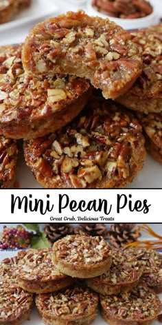 Mini pecan pies are little bites with a big, classic pecan pie flavor. A buttery shortbread crust is filled with sweet pecan pie filling and topped with sweet, crunchy pecans. They really are miniature versions of classic pecan pie! Savoury Dessert Ideas, Puff Pastry Pecan Pie Bites Food Dolls, Healthy Mini Pies, Best Dessert For Christmas Dinner, Thanking Giving Desserts, Christmas Mini Pie Bar, Easy Pastries For A Crowd, Pecan Pie Cookies With Pie Crust, Pecan Baking Recipes