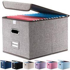 a gray fabric storage box with six different colored file folders in the bottom and sides