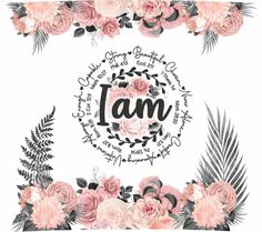 the word i am surrounded by pink flowers and palm leaves on a white background with black lettering