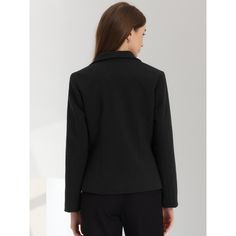 This elegant blazer is meticulously crafted from high-quality, wrinkle-resistant fabric, making it suitable for all-day wear. Available in timeless black, this versatile blazer effortlessly transitions from office meetings to evening events. The sleek, tailored silhouette with notched lapels and a single-breasted front exudes modern sophistication, while the cropped length adds a trendy touch. Whether paired with tailored trousers for a professional look or styled with jeans for a chic ensemble, Tailored Solid Color Office Lady Blazer, Tailored Solid Blazer For Office, Tailored Solid Color Blazer For Office, Notched Solid Blazer For Work, Solid Notched Blazer For Workwear, Notched Blazer For Work, Solid Color Notched Blazer For Workwear, Black Single Button Sport Coat For Work, Black Single Breasted Blazer For Workwear