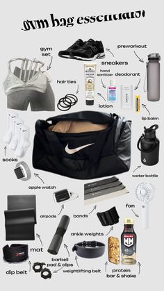 the contents of a duffel bag are shown in this graphic style, including shoes and other items