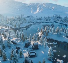 an aerial view of snow covered trees and cabins in the mountains with water below them