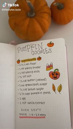 an open notebook with pumpkin cookies on it