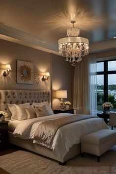 a bedroom with a chandelier hanging from the ceiling and a bed in front of a large window