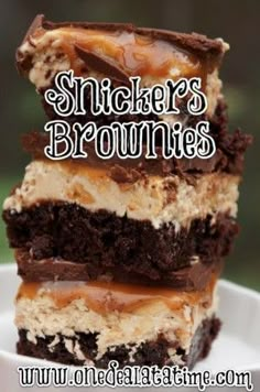 three pieces of brownie stacked on top of each other with the words sticker's brownies above them