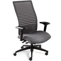 an office chair with black frame and grey fabric upholstered seat, viewed from the front