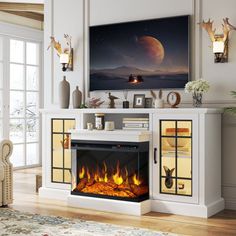 a living room with a fire place and a television mounted on the wall above it