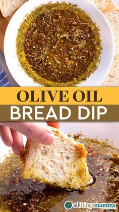 A white bowl filled with herb-infused olive oil bread dip garnished with spices, with crusty bread slices on the side and a hand dipping a piece of bread into the flavorful mixture. Olive Oil Bread Dip, Oil Bread Dip, Fingerfood Recipes, Bread Dipping Oil Recipe, Dipping Oil Recipe, Olive Oil Dip For Bread, Olive Oil Dip, Bread Dipping Oil, Olive Oil Bread