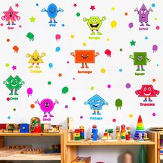 children's playroom with colorful wall decals and toys on the shelves in front of them