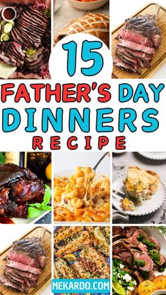 father's day dinner recipe collage with images of steaks and other foods