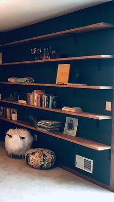 a bookshelf filled with lots of books next to a white cat on the floor