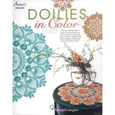 crochet doilies in color book cover with vase and flowers on small table