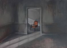 an empty room with a chair in the middle and light coming through it to reveal a door