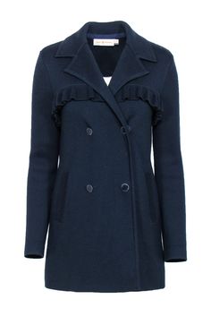 A winter staple with plenty of style, this Tory Burch navy knit jacket is a fast favorite. Side pockets and double-breasted closures are accented by a flirty ruffle detail. Wear to work or for fall play styled with your favorite leather boots! Size XS 50% Wool, 50% Acrylic Front ruffle detail Double breasted snap closures Enameled buttons; slight scuffs at edges Bust 30" Waist 40" Shoulder to hem 30" Shoulder to shoulder 14" Sleeve length 25" Chic Navy Wool Outerwear, Chic Navy Double-breasted Peacoat, Chic Double-breasted Fall Peacoat, Chic Double-breasted Peacoat For Fall, Chic Fall Double-breasted Peacoat, Chic Navy Peacoat For Fall, Chic Navy Pea Coat For Fall, Chic Wool Peacoat, Chic Navy Peacoat For Spring