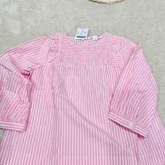 New J Crew Cuts Pink Striped Top With Ruffle And Smocked Neck New With Tags Excellent Condition Cotton Soft Fabric White Long Sleeve Smocked Top, Cute Pink Cotton Smocked Top, Pink Cotton Smocked Top, White Long-sleeve Top With Smocked Back, Pink Cotton Smock Top, Pink Smock Cotton Top, White Long Sleeve Smocked Top With Smocked Cuffs, Pink Cotton Smock Blouse, Pink Cotton Blouse With Smocked Back