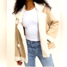 Indie + Moi Sherpa Lined Jacket Size Is Tall-Small - Over Size Fit. Front Pockets And Two Button Closure. Length Is Approximately 26 Inches. Arm Put To Arm Pit Measures 21 Inches. Arm Length Is 23 Inches. Beige Sherpa Outerwear With Faux Fur Lining, Beige Outerwear With Faux Fur Lining For Cold Weather, Beige Sherpa Outerwear For Fall, Casual Cream Outerwear With Faux Fur Lining, Cozy Beige Sherpa Outerwear, Beige Sherpa Outerwear For Winter, Cream Sherpa Outerwear For Cold Weather, Neutral Winter Outerwear For Cold Weather, Sherpa Lined Jacket