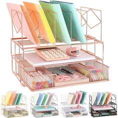 the desk organizer is organized with different colored papers