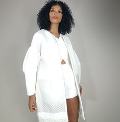 Cocoon Embrace (Off White) by Nik Spruill Clear vinyl and open net 3D air mesh, neoprene and polyester materials. Lantern bell sleeves Jacquard trim detail at edges and outlining of pockets Off White If preferred size is not in stock this item is made-to-order. Production generally takes an average of 18 business days (3.5 weeks). Please supply full measurements. bust, length, shoulder, sleeve in inches. Before purchase please be sure to email us at info@nikspruill.com so we can check and confir Fitted Spring Outerwear With Sheer Sleeves, Spring Fitted Outerwear With Sheer Sleeves, Chic Outerwear With Sheer Long Sleeves, Chic Long Sleeve Outerwear With Sheer Sleeves, Chic Fall Outerwear With Sheer Sleeves, Couture Tops, Clear Vinyl, Romper Pants, Trim Detail