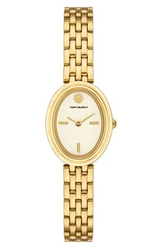 Tory Burch The Oval Bracelet Watch, 22mm x 28mm | Nordstrom Gold Jewelry Old Money, Birthday Gifts Expensive, Gold Jewelry White Background, Cute Gold Watch, Gold Watches Women Aesthetic, Little Gold Watch, Bracelet And Watch Stacking, Dainty Gold Watch Women, Small Gold Watch Women