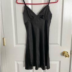 Never Worn, Tags Still On Black V-neck Slip Dress With Lace Trim, Black Satin Slip Dress For Daywear, Black Satin Dress With Lace Trim, Black Satin Slip Dress For Night, Black Lace Trim Dress For Night, Black V-neck Slip Dress For Daywear, Black Satin Slip Dress For Date Night, Black Satin V-neck Slip Dress, Black Mini Dress With Lace Trim For Night