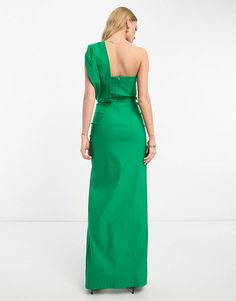 Vesper asymmetric pleated one shoulder maxi dress in green | ASOS Green Fitted One Shoulder Dress For Evening, Green One Shoulder Dress With Asymmetrical Neckline For Evening, Elegant Green Maxi One Shoulder Dress, Green Asymmetrical Maxi Dress For Cocktail, Spring Green Maxi Dress With Asymmetrical Neckline, Green Ruched Evening Maxi Dress, Green Ruched One Shoulder Dress For Party, Green Spring Maxi Dress With Asymmetrical Neckline, Green Maxi Dress With Side Slits For Evening