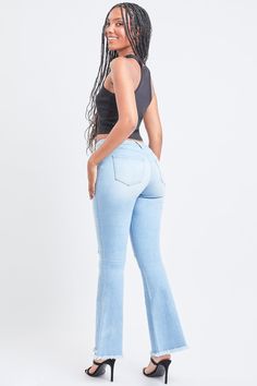 Add some retro-flare to any look with these essential jeans! Our Women's High Rise Super Flare Jean features a high-rise and a flared silhouette to give you a super flattering fit and the look of legs for days! Designed with a frayed hem to add some extra drama! Style them casually with a graphic tee and western-style booties, or dress them up with a bodysuit and heels. Either way, you’ll be sure to turn heads in these!Product Details- High-Rise - Flare Silhouette - 1-Button Closure with Zipper - 5 Pocket Construction - Frayed Hems Size & Fit (based on size 5)- Inseam: 32"- Rise: 10" - Leg Opening: 21"- Model is wearing a size 3 Machine wash cold. Tumble dry low.73% Cotton/ 25% Polyester/ 2% Spandex (Color: S933)75% Cotton/23% Polyester/1% Spandex/ 1% Rayon (Colors: L933, M933, W37) Mid-rise Fitted Denim Blue Flares, Spring Denim Blue Flared Bottoms, Stretch High Rise Medium Wash Flares, Spring Flared Hem Denim Blue Bottoms, Fitted Mid-rise Denim Blue Flares, Medium Wash Non-stretch Flare Jeans, Casual Straight Leg Blue Flares, Casual Medium Wash High Waist Flares, High Rise Denim Flares