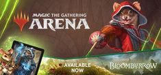 the banner for magic the gathering arena, featuring an image of a mouse holding a card